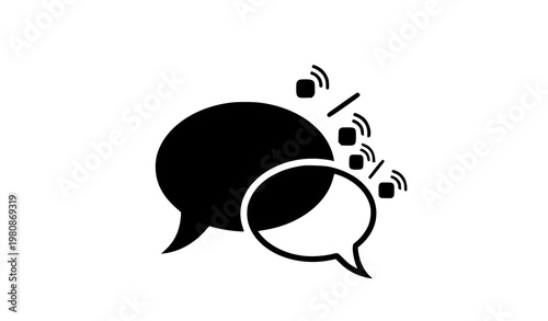 A vector graphic illustration of two speech bubbles with icons