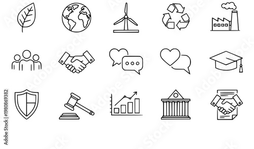 A set of line art icons representing business, education, and environmental concepts