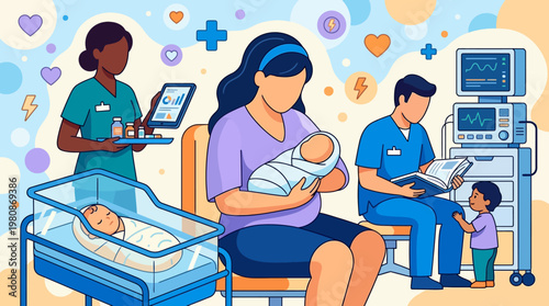 Maternity Ward Illustration with Mother Holding Newborn, Medical Staff, and Pediatric Care in Modern Hospital Setting