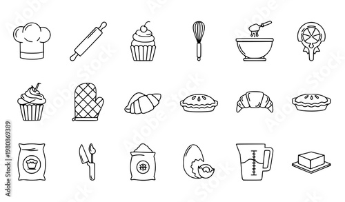 A set of black and white line art baking icons and symbols