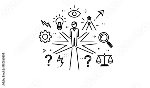 A minimalist vector graphic illustration of a person surrounded by symbols of ideas and justice
