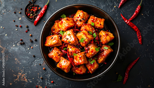 A top-down view showcases a vibrant bowl of spicy Kung Pao tofu, garnished with red chilies, sesame seeds, and fresh herbs, presented on a dark textured surface.