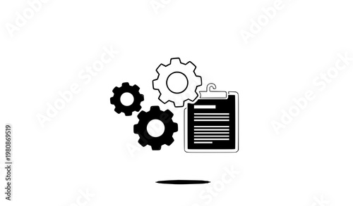 A minimalist vector graphic of a clipboard with gears in a flat design style