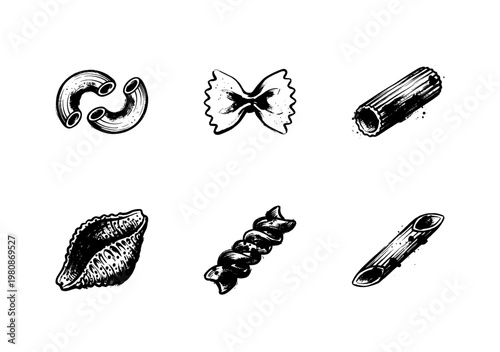 Dry Italian Pasta Varieties and Durum Wheat Shapes in Hand-Drawn Sketchy Style with Fluid Engraving Style