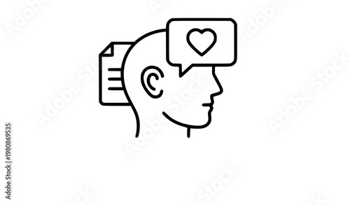 A minimalist vector graphic of a human head with a heart in a speech bubble
