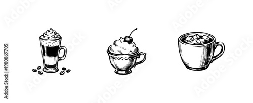 Gourmet Coffee Beverages and Espresso Drinks with Hand-Drawn Inky Doodle and Organic Calligraphic Details.