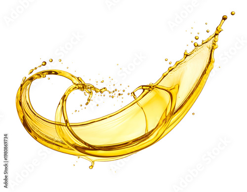 Golden liquid splash forming dynamic fluid wave against white