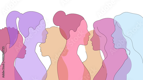 Diverse Women Silhouette Profiles in Pastel Colors: Flat Vector Art Representing Sisterhood, Feminism, and Multicultural Unity