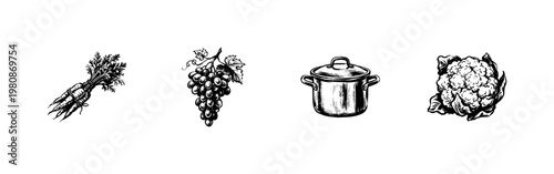 Food Ingredients and Kitchen Cooking Elements with Hand-Drawn Engraving Style and Organic Sketchy Details