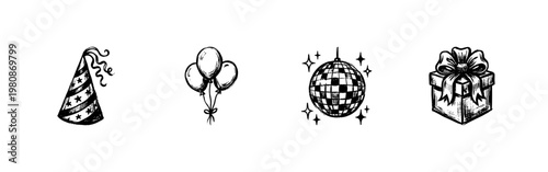 Party Celebration and Event Entertainment Elements with Hand-Drawn Inky Outlines and Textured Brushstroke Style