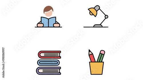 Study Icon Set: A collection of educational icons in a vibrant palette, capturing the essence of learning and academic pursuits. 