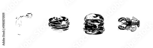 Gourmet Food and Restaurant Culinary Elements with Hand-Drawn Inky Doodle and Detailed Sketchy Ink Textures