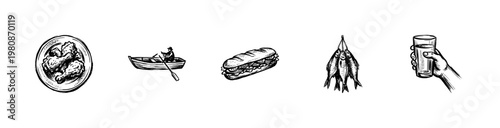 Asian Street Food and Traditional Culinary Scenes in Hand-Drawn Inky Brushstroke Style