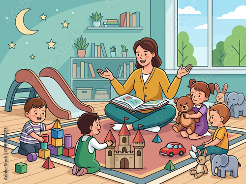 Teacher Reading Storybook to Preschool Children in a Colorful Kindergarten Classroom Illustration