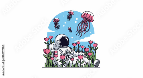 Astronaut relaxing among pink flowers with jellyfish floating in the sky