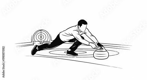 Athlete slides across ice, releasing a curling stone towards target