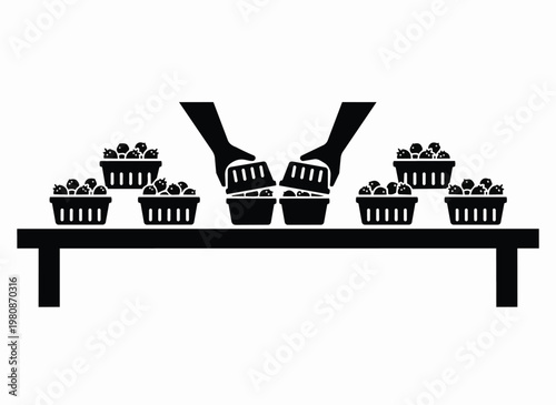 Hands filling baskets with berries, food production, harvesting, market stall, fresh produce, organic food.