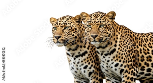 A majestic spotted leopard, a powerful feline predator and wild carnivore, poses for a portrait as a big cat mammal with distinct fur patterns isolated against a seamless white background