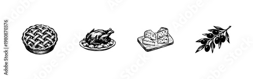 Thanksgiving Dinner Harvest and Autumn Food Elements with Hand-Drawn Engraving Style and Sketchy Detail