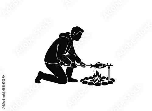 Man cooking fish over campfire outdoors on stick for camping food preparation.