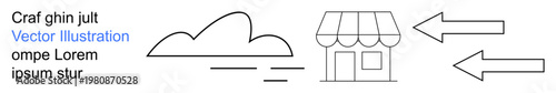 Business processes, e-commerce, logistics, retail trade, decision-making, routes. Cloud, storefront and two arrows pointing in opposite directions. Business processes and e-commerce concepts