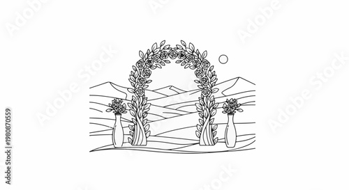 Archway adorned with roses, framing a scenic landscape with a crescent moon