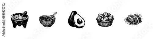 Mexican Cuisine and Traditional Gastronomy Elements with Hand-Drawn Inky Doodle and Detailed Sketchy Ink Wash Aesthetic.