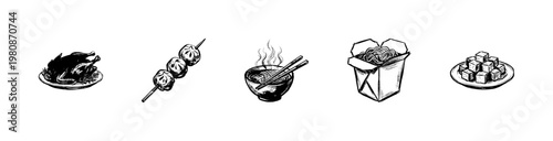 Asian Cuisine and Traditional Food Elements with Inky Hand-Drawn Doodle and Fluid Calligraphic Ink Strokes