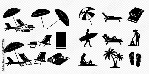 Photography Collection of beach and summer vacation icons including umbrellas, lounge chairs, towels, surfers, and palm trees, perfect for travel and leisure designs