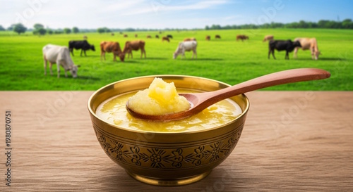 pure and natural organic Indian Desi cow ghee or clarified butter in golden bowl and wooden spoon fill with ghee in cow farm field natural background