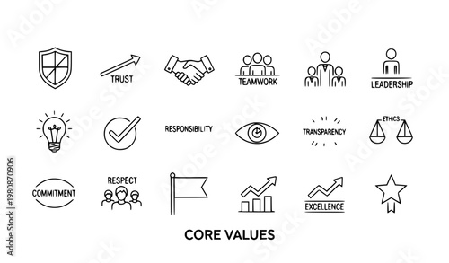 Core values line icon set with integrity trust leadership teamwork ethics and business symbols