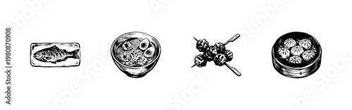 Asian Seafood and Traditional Cuisine Dishes with Fluid Engraving Style and Inky Hand-Drawn Sketchy Aesthetic