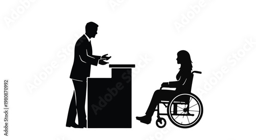 Black silhouette of businessman in suit assisting disabled woman in wheelchair at reception desk in modern office