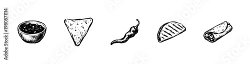 Mexican Food and Traditional Cuisine Elements with Hand-Drawn Inky Doodle and Organic Sketchy Style