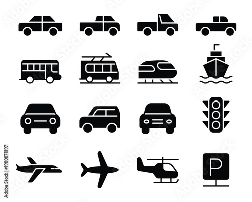 Diverse Transportation Icons Including Cars, Buses, Trains, and More