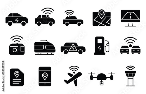 Digital Transportation Icons for Electric Vehicles and Smart Technology