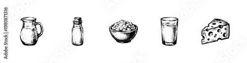 Dairy Products and Breakfast Milk Elements with Loose Engraving Style in Hand-Drawn Sketchy Style