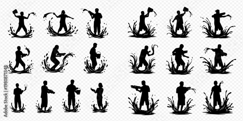 Silhouettes of people splashing water, celebrating a festival with water games and fun activities.