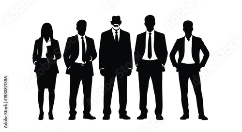 Business people team standing together in black silhouettes on white background, corporate professionals, office workers, teamwork concept
