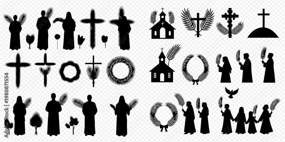 Fototapeta premium Set of Christian religious symbols and figures, including crosses, churches, angels, and people in silhouette, representing faith and spirituality.