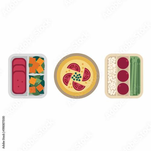 Healthy bento lunch boxes with assorted food such as salad pizza and vegetables for healthy meal preparation.