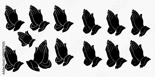 Set of praying hands vector illustration, religious devotion symbol.