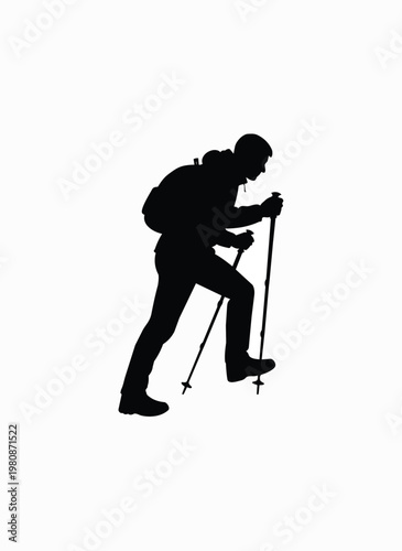 Silhouette of hiker with backpack and trekking poles ascending steep slope active lifestyle outdoor sport mountain climbing.