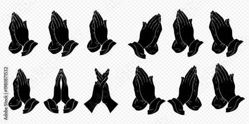 Set of black praying hands silhouettes, a symbol of spirituality and devotion, isolated on a transparent background.