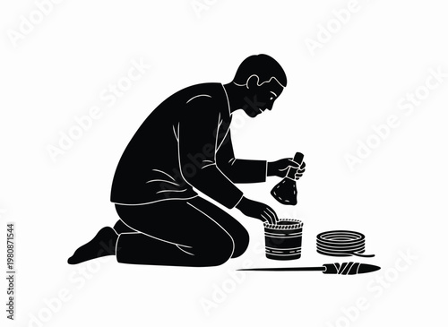 Man preparing fishing bait with can and line for sport fishing hobby.
