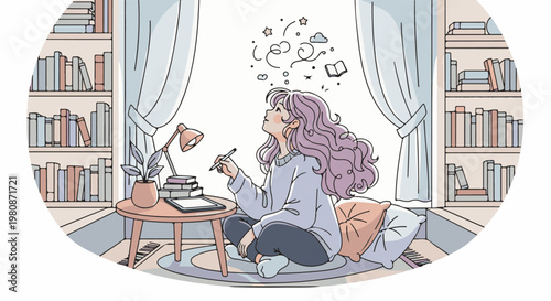 Artistic girl with purple hair creating ideas in a cozy room filled with books