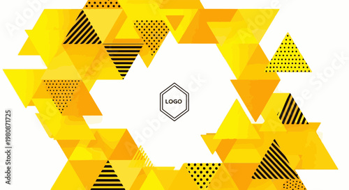 Abstract yellow and orange triangle mosaic with black geometric patterns and a central logo