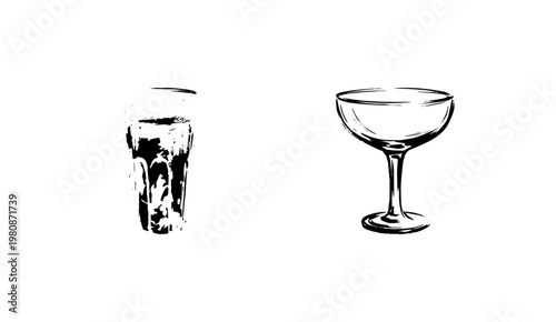 Alcoholic Beverages and Glassware Design Elements with Fluid Engraving Style in Hand-Drawn Sketchy Style
