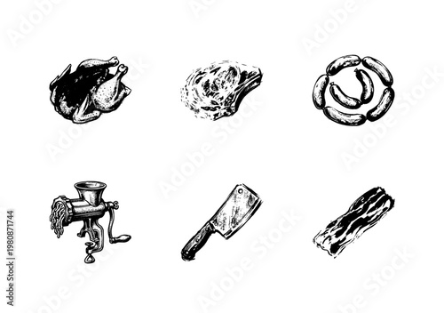 Fresh Meat Products and Butcher Shop Supplies with Hand-Drawn Inky Outlines and Vibrant Color Washes