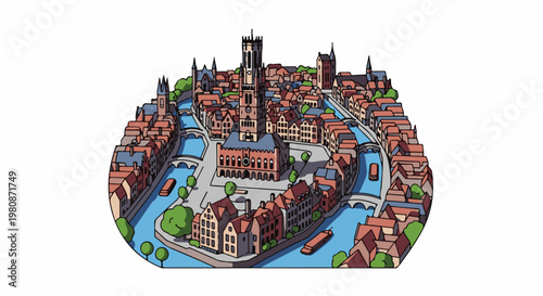 Artistic isometric view of a historic European town with canals and a central clock tower